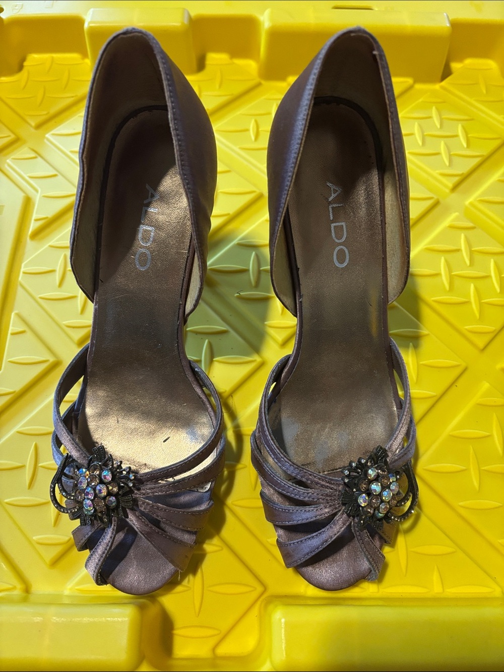 ALDO Lavender Satin D'Orsay Heels with Rhinestone Brooch